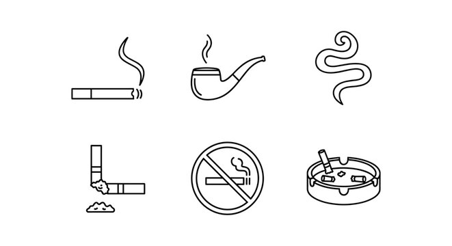 Minimalist smoking icons including cigarette, pipe, and no smoking sign