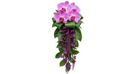 Isolated floral decoration with orchids, green leaves and hanging purple blossom strings