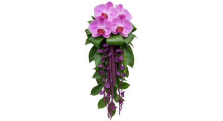 Isolated floral decoration with orchids, green leaves and hanging purple blossom strings
