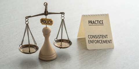 Policy Enforcement Scale with Chalkboard Sign Displaying Practice and Consistent Enforcement in Legal Context
