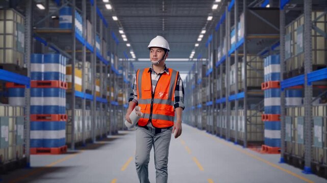 Front View of Asian Male Engineer Holding Blueprint While Walking at Warehouse Aisle with Chemical or Oil Barrels on Pallet Racking
