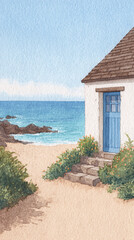 Obraz premium Charming Seaside Cottage with Blue Door Surrounded by Nature and Sandy Beach – A Tranquil Coastal Escape Perfect for Your Next Vacation