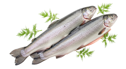 Isolated pair of fresh trout with herbs, ready for the grill or the oven, healthy eating