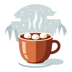 Warm and comforting cup of hot chocolate with marshmallows, a cozy winter beverage against a snowy mountain landscape