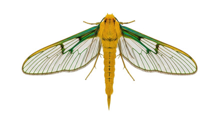 Isolated, yellow-bodied Ailanthus Webworm Moth with transparent wings on a neutral backdrop