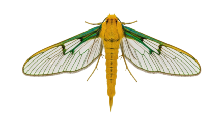 Isolated, yellow-bodied Ailanthus Webworm Moth with transparent wings on a neutral backdrop
