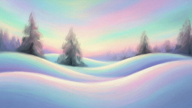Dreamy winter wonderland painting with soft pastel aurora-like sky illuminating gentle snowy hills and tranquil evergreen forest landscape scene - Powered by Adobe