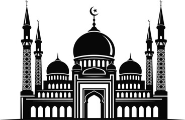 Detailed mosque silhouette vector illustration, Islamic religious architecture with dome and minarets, black and white design for Ramadan Kareem and Eid Mubarak greeting card.