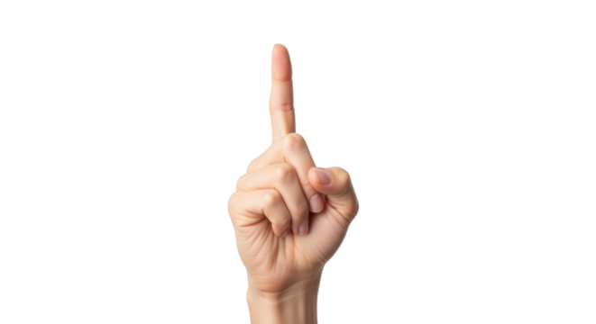 Isolated hand gestures, raised index finger means attention and signal or direction in the air