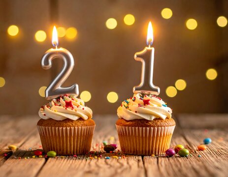 Two cupcakes with candles spelling "21" on a rustic wooden surface, bokeh background - Powered by Adobe