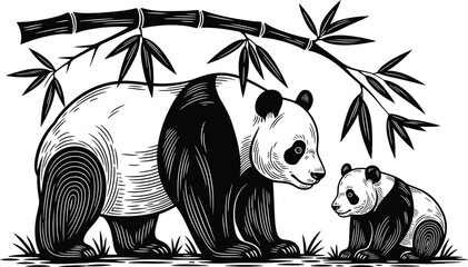 Panda bear illustration with bamboo leaves black and white drawing art eps silhouette