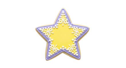 Isolated star shaped sugar cookie with decorative icing design, yellow and purple color scheme