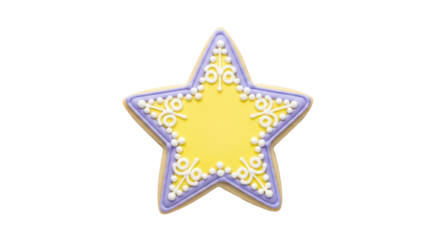 Isolated star shaped sugar cookie with decorative icing design, yellow and purple color scheme