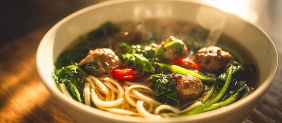 noodle soup with meatballs and greens served