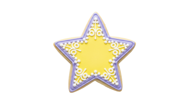 Isolated star shaped sugar cookie with decorative icing design, yellow and purple color scheme