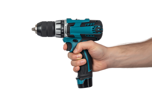 Hand holding blue cordless electric drill on transparent background, PNG 
