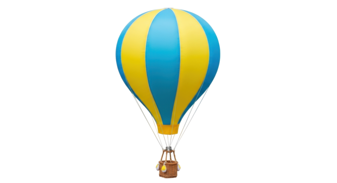 Isolated colorful hot air balloon with basket, aerial transport, sky travel, recreation