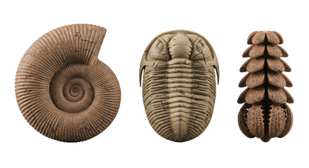 Isolated fossil specimens showing ammonite, trilobite, and a seed cone from the Jurassic period