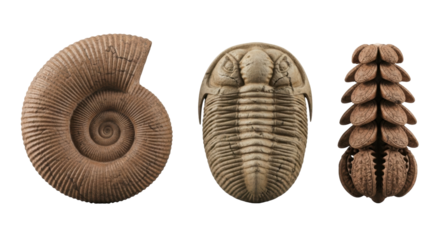 Isolated fossil specimens showing ammonite, trilobite, and a seed cone from the Jurassic period
