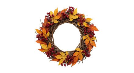 Isolated Fall Foliage Wreath, Berries and Golden Leaves for Autumn and Thanksgiving Décor