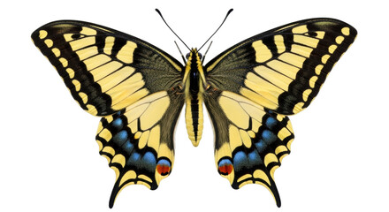 Isolated beautiful swallowtail butterfly with yellow and black wings on no background
