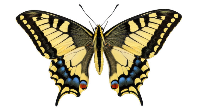 Isolated beautiful swallowtail butterfly with yellow and black wings on no background