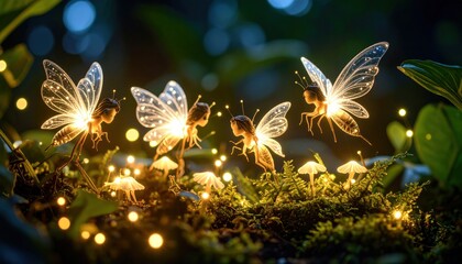 Magical fairies in the forest with flying among glowing lights.