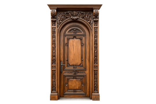 Traditional carved wooden door isolated on transparent background