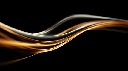 黒い背景の上を優雅にねじれて流れる金色と銀色の液体のような光の抽象的なストランド
