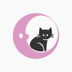 Cartoon cat vector logo design, Cute cat silhouette, modern creative logo, half off moon, minimalist, vector illustration, flat design, cut out vector icon, black cat with big eyes, simple design, 