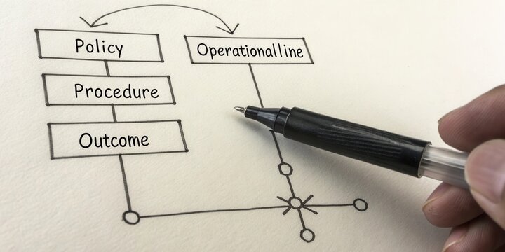 Hand holding pen above flowchart illustrating policy procedure outcome operational line concept for business analysis - Powered by Adobe