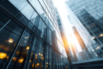 Fototapeta premium Tall glass buildings reflect sunlight and city lights below.