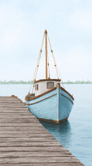 Fototapeta premium A Serene Watercolor Scene of a Blue Boat at the Pier Reflecting on Calm Waters, Evoking Tranquility and the Charm of Nature in Travel Adventures