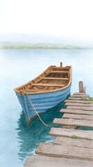 Fototapeta premium Serene Blue Boat Docked by Wooden Pier on Tranquil Lake – A Peaceful Travel Escape into Nature's Scenic Beauty