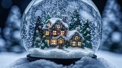 Winter wonderland snow globe with illuminated house and falling snow christmas holiday scene display - Powered by Adobe