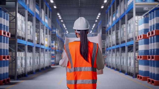 Back of Asian Female Engineer Looking At Blueprint In His Hands While Walking at Warehouse Aisle with Chemical or Oil Barrels on Pallet Racking