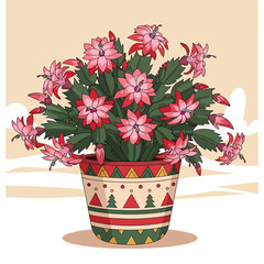 Illustration of a Schlumbergera, or Christmas cactus plant, with vibrant pink flowers in a decorative holiday pot