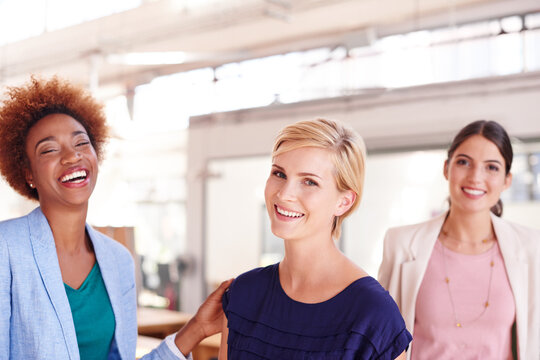 Portrait, business women and smile in office for career pride, about us and media agency. Staff, confidence and creative team for solidarity, employees support and collaboration for publication