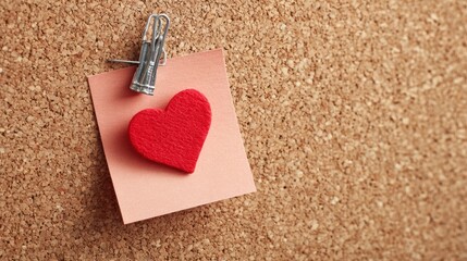 Fototapeta premium Blank Note on Cork Board Held by Heart Clip Adds a Romantic Touch to Any Space for Personal Messages or Notes