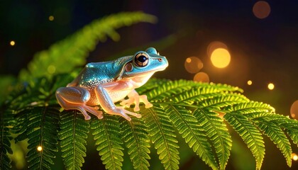 Frog on fern leaf with nature, wildlife, bokeh, forest, and beautiful.