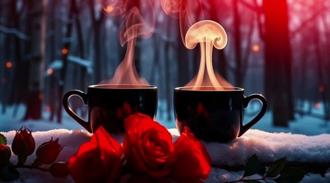 Two black coffee cups with rising steam placed on snowy surface surrounded by red roses in winter forest illuminated by warm evening light