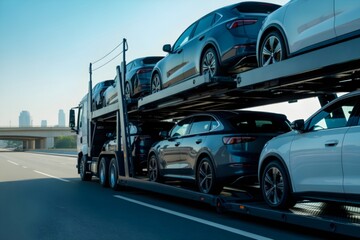 A car carrier truck shipping modern cars on road,  cars shipping 
