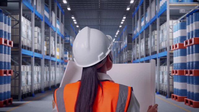 Back of Asian Female Engineer Looking At Blueprint In His Hands While Walking at Warehouse Aisle with Chemical or Oil Barrels on Pallet Racking