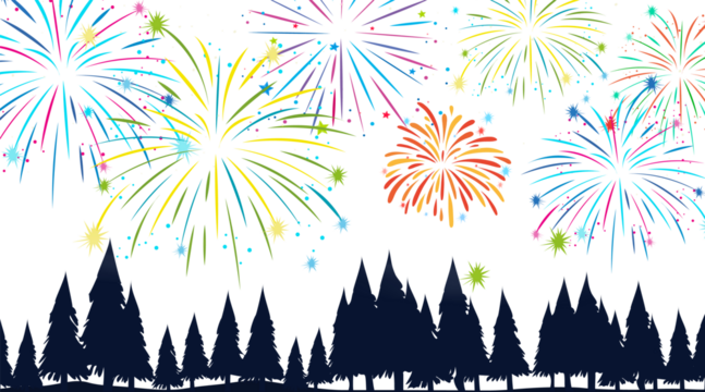 Festive Fireworks Celebration Above Pine Trees and Golden Caramel Candy Squares—Vibrant Holiday Vector for New Year, Independence Day, Food Design, Sweet Treats, and Seasonal Concepts - Powered by Adobe