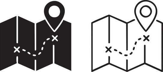 Folded map with navigation pin and route silhouette isolated on transparent background