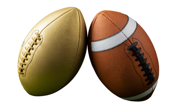 Two american footballs one golden and one classic brown positioned side by side on a transparent background isolated on transparent background