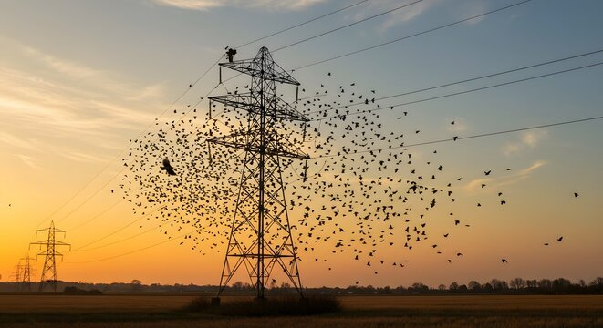 Swarm of birds around a tall electrical tower against a sunset sky