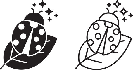 Ladybug silhouette on leaf with sparkles isolated on transparent background