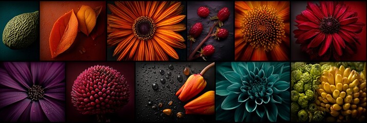 A collage of flowers in deep reds, purples, and oranges glows against dark backgrounds, showcasing nature’s beauty and dramatic contrast. The image captures elegance, richness, and artistic flair.