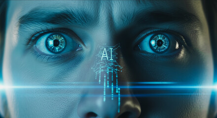 Close-up view showcases mesmerizing, technologically enhanced eyes, symbolizing a fusion of humanity and artificial intelligence.